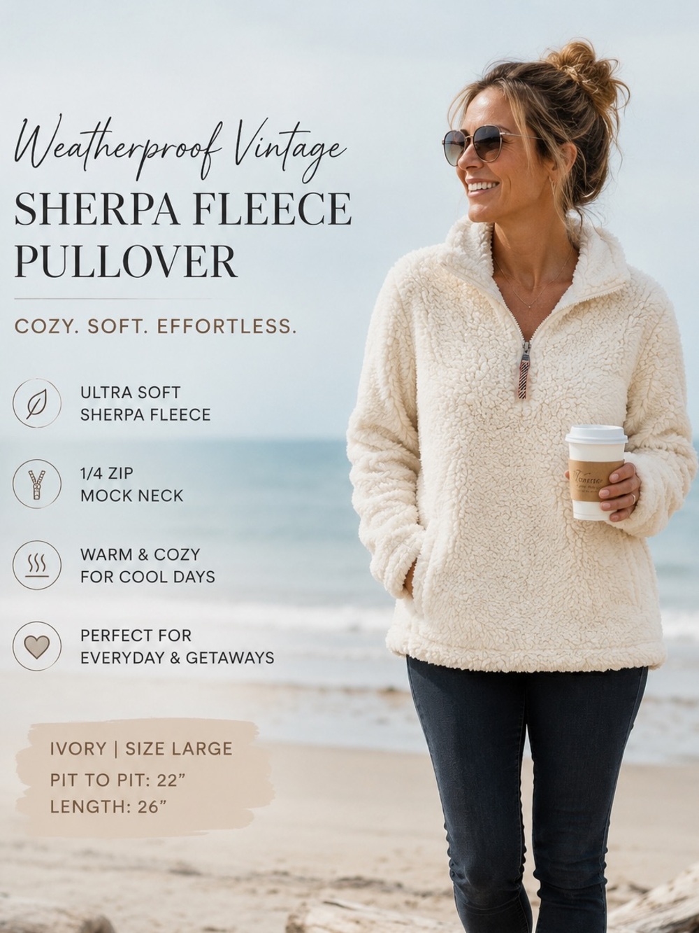 Weatherproof Vintage Ivory Sherpa Quarter Zip Fleece Pullover L